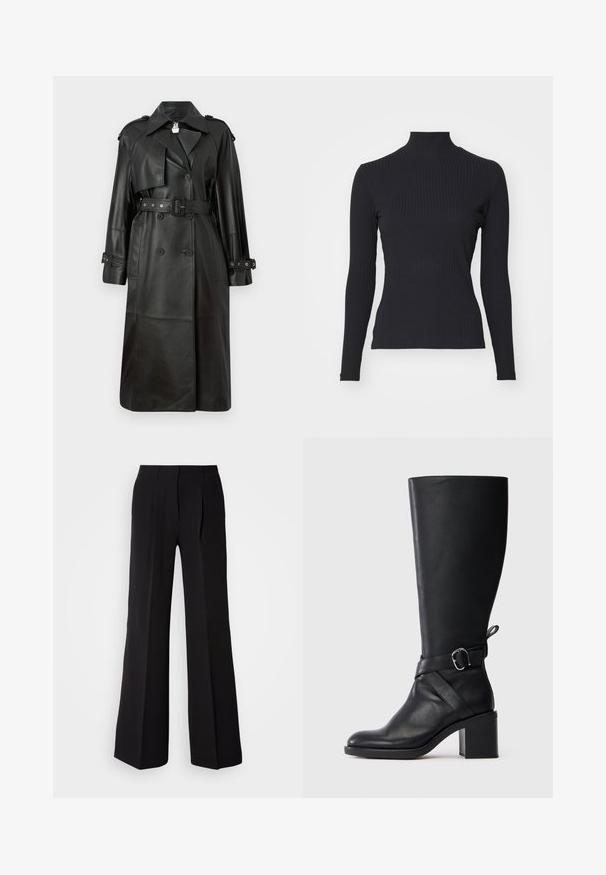 Schwarzer Leder-Trenchcoat mit tailliertem Gürtel, doppelter Knopfleiste, scharfem Kragen und gestanzten Details an den Ärmeln.; Schwarzes, geripptes Rollkragenoberteil mit langen Ärmeln. Aus dehnbarem Stoff mit figurbetonter Passform und hohem Kragen. Einfaches Design ohne Verzierungen.; Schwarze Hose aus glattem Stoff, mit hohem Bund, weitem Schnitt und zwei vorderen Falten für zusätzlichen Designakzent.; Schwarze Lederstiefel bis zur Wade mit Blockabsatz und dekorativem Riemen mit silberner Schnalle auf hellem, einfarbigem Hintergrund.