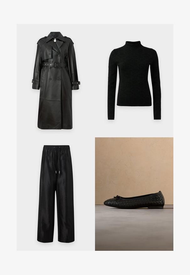 Schwarzer Leder-Trenchcoat mit tailliertem Gürtel, doppelter Knopfleiste, scharfem Kragen und gestanzten Details an den Ärmeln.; Schwarzer Rollkragenpullover mit langen Ärmeln, der ein strukturiertes Muster und eine taillierte Passform aufweist. Hergestellt aus einem weichen, dehnbaren Material.; Schwarze weit geschnittene Hose aus glänzendem Stoff mit einem elastischen Bund und Kordelzug, ausgestattet mit silbernen Hardware-Akzenten.; Schwarzer gewebter Ballerina mit abgerundetem Zehenbereich, dünner Sohle und einer kleinen Schleifendekoration vorne. Abgebildet vor einem strukturierten beigen Hintergrund.