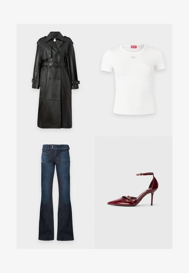 Zwarte leren trenchcoat met een ceintuur in de taille, dubbele knopen, scherpe kraag en geperforeerde details op de mouwen.; Wit T-shirt met korte mouwen van geribd stof, met een ronde halslijn en een zilverkleurig logo-accent op de borst.; Donkerblauwe denim jeans met een hoge taille, dubbele knopen sluiting, voorzakken en uitlopende pijpen.; Bordeaux kleurige patenten leren pumps met een spitse neus, enkelbandje en decoratieve zilveren gespdetails. Gladde textuur en slank ontwerp.