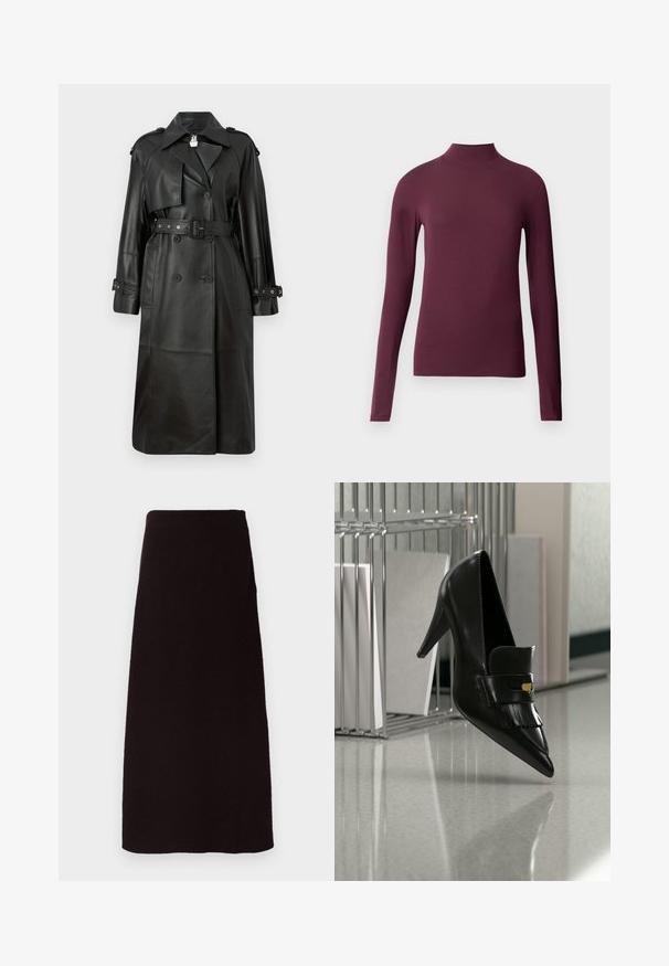 Zwarte leren trenchcoat met een ceintuur in de taille, dubbele knopen, scherpe kraag en geperforeerde details op de mouwen.; Bordeaux lange mouwen coltrui gemaakt van glad, rekbaar materiaal. Strakke pasvorm met hoge hals en geen zichtbare naden.; Een zwarte, enkellange rok van zachte stof met een minimalistisch ontwerp. Voorzien van een hoge taille en een rechte silhoutte.; Zwarte leren highheeled schoen met spitse neus en decoratieve franjes die boven een glanzende vloer zweeft nabij een metalen rek met documenten.