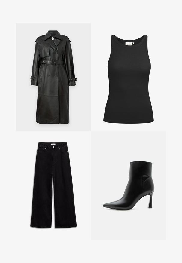 Schwarzer Leder-Trenchcoat mit tailliertem Gürtel, doppelter Knopfleiste, scharfem Kragen und gestanzten Details an den Ärmeln.; Schwarzes Tanktop aus Rippstoff mit Rundhalsausschnitt und figurbetonter Passform. Flache Nähte und keine Verzierungen. Einfaches und elegantes Design.; Schwarze Schlagjeans aus Denim, mit hoher Taille, fünf Taschen und silbernen Hardware-Akzenten. Glatte Textur, sauberes Design.; Schwarzer Leder-Knöchelstiefel mit spitzer Spitze und schlankem, hohem Stilettoabsatz, seitlich auf weißem Hintergrund gezeigt.