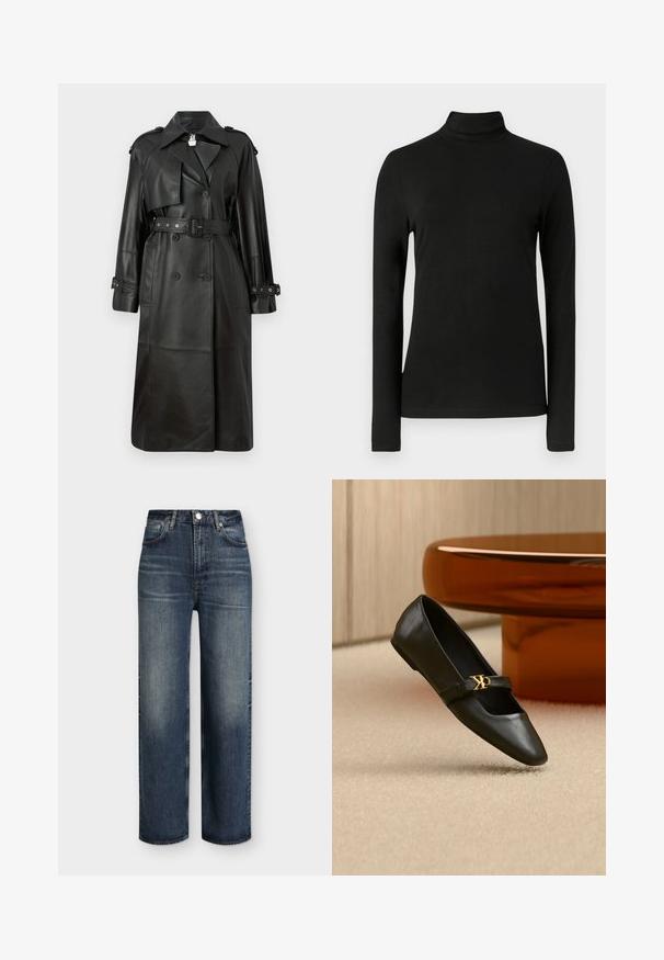 Schwarzer Leder-Trenchcoat mit tailliertem Gürtel, doppelter Knopfleiste, scharfem Kragen und gestanzten Details an den Ärmeln.; Schwarzes, langärmeliges Rollkragenshirt aus weichem, elastischem Stoff. Es zeichnet sich durch einen hohen Kragen und eine eng anliegende Silhouette ohne Muster oder Verzierungen aus.; Dunkelblaue Jeans mit hoher Taille und geradem Bein, vorne Taschen, Gürtelschlaufen, Knopfverschluss und dezenten ausgewaschenen Details an Oberschenkeln und Knien.; Schwarzer flacher Lederschuh mit spitzer Kappe und goldenem CK-Logo auf dem Riemen, auf beigem Teppich neben einem runden bernsteinbraunen Tisch platziert.
