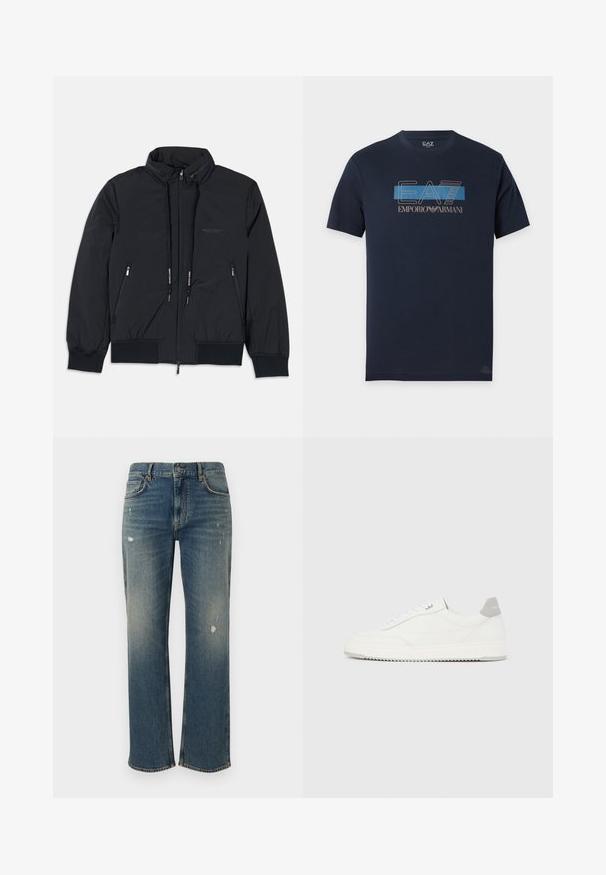 Veste isolée noire avec un col haut, fermeture éclair sur le devant, deux poches zippées sur les côtés, poignets élastiques et ourlet à cordon. Détails de logo subtils.; T-shirt bleu marine à col rond avec manches courtes, arborant le logo "EA7 Emporio Armani" en bleu et blanc sur la poitrine.; Jeans en denim bleu moyen avec une coupe droite, présentant des décolorations légères et des patches usés. Design classique à cinq poches et fermeture par bouton supérieur.; Baskets basses blanches avec un onglet de talon gris, des lacets blancs et une semelle texturée, présentées sur un fond uni clair.