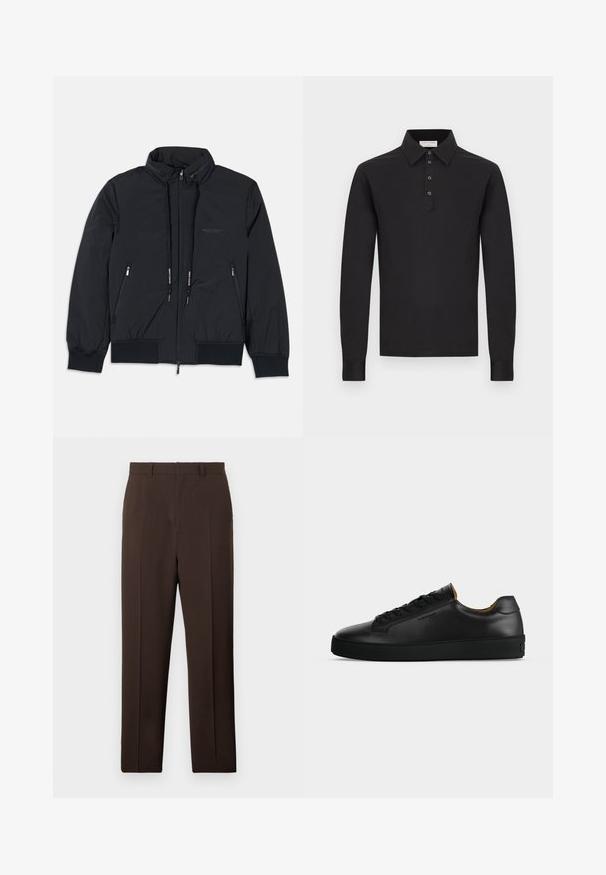 Chaqueta aislante negra con cuello alto, cierre frontal con cremallera, dos bolsillos laterales con cremallera, puños elásticos y dobladillo ajustable. Detalle sutil del logo.; Polo negro de manga larga con cuello y una tapeta de cuatro botones, mostrado sobre un fondo blanco liso.; Pantalones de corte recto color marrón oscuro, con pliegues frontales y presillas para cinturón, mostrados sobre un fondo blanco liso.; Zapatilla negra de piel de corte bajo con cordones negros, suela de goma texturizada y pequeño logo en relieve en el lateral, mostrada de perfil sobre fondo gris.