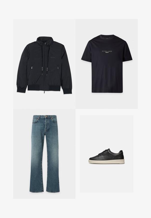 Veste isolée noire avec un col haut, fermeture éclair sur le devant, deux poches zippées sur les côtés, poignets élastiques et ourlet à cordon. Détails de logo subtils.; T-shirt noir à manches courtes avec col rond, texte "EMPORIO ARMANI MILANO" centré sur la poitrine en petite police blanche.; Jean en denim bleu avec un léger évasement en bas, design classique à cinq poches, fermeture par bouton et fermeture éclair, et légère décoloration sur les cuisses.; Baskets basses en cuir noir avec des lacets noirs et une semelle en caoutchouc épaisse de couleur crème, présentées sur un fond blanc.