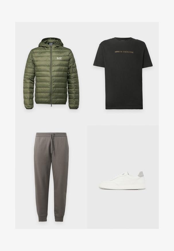 Olivgrüne Steppjacke mit Kapuze, gestepptem Design, voller Frontreißverschluss und EA7-Logo auf der Brust. Glattes, leichtes Material.; Schwarzes T-Shirt mit kurzen Ärmeln und Rundhalsausschnitt, auf dem in goldener Schrift "ARMANI EXCHANGE" über die Brust gedruckt ist.; Graue Sweatpants mit einem Kordelzugbund, schmal zulaufenden Beinen und gerippten Bündchen. Glatte Textur mit einem dezenten Logodetail.; Weißer Sneaker mit niedrigem Schaft, grauem Fersenlaschen, weißen Schnürsenkeln und einer strukturierten Sohle, dargestellt vor einem schlichten hellen Hintergrund.