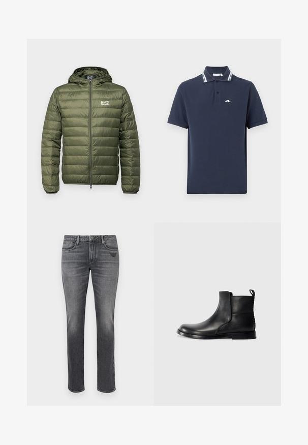Olivgrüne Steppjacke mit Kapuze, gestepptem Design, voller Frontreißverschluss und EA7-Logo auf der Brust. Glattes, leichtes Material.; Marineblaues Poloshirt aus Baumwolle mit einer dreiknöpfigen Knopfleiste, weiß gestreiftem Kragen und kleinem weißem Logo auf der Brust.; Graue Denim-Jeans mit schmaler Passform, dezentem Fading, fünf Taschen und einem kleinen Logo auf der hinteren Tasche. Standardmäßiges gerade geschnittenes Design.; Schwarze Leder-Stiefelette mit abgerundeter Spitze, elastischen seitlichen Einsätzen und strukturiertem Rücken. Verfügt über eine flache Gummisohle und einen Zugriemen.