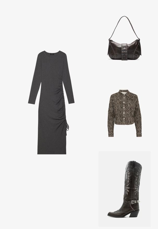 Kaffe KALEONDRA - Veste en jean - feather gray black animal; Robe à manches longues, gris charbon, en tissu doux. Présente un ruching sur les côtés avec un détail de cordon et un col rond.; Botte de cowboy en cuir noir avec découpes décoratives, boucle argentée et talon incliné, présentée sur fond blanc.; Sac à épaule en cuir marron avec une forme courbée, présentant un détail de boucle proéminent, des coutures contrastantes et une seule bandoulière.