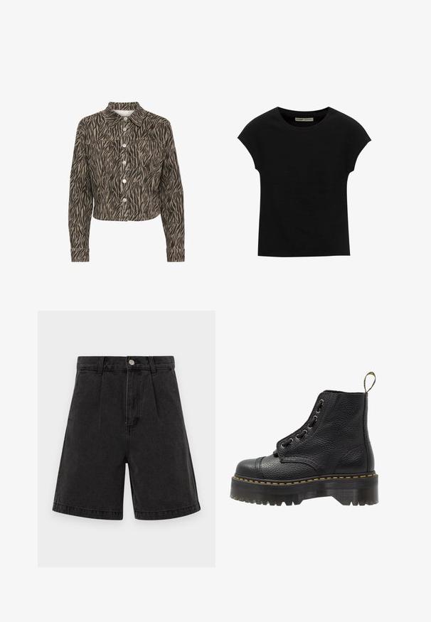 Kaffe KALEONDRA - Veste en jean - feather gray black animal; T-shirt noir à manches courtes avec un col rond. Confectionné en coton lisse et extensible. Design simple sans motifs ni graphismes.; Shorts en denim noir à taille haute, avec un devant plissé et des ourlets retroussés. Fermeture à bouton en métal et zip. Texture uniforme.; Bottines en cuir noir avec surface texturée, bout arrondi, lacets, coutures jaunes et une épaisse semelle noire crantée.