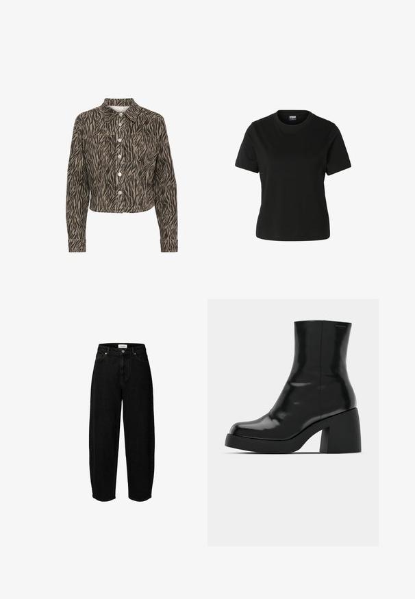 Kaffe KALEONDRA - Veste en jean - feather gray black animal; T-shirt noir à manches courtes avec col rond, coupe droite et une étiquette indiquant "Urban Classics" à l'intérieur du col.; Jean noir taille haute droit avec bouton et fermeture éclair à l’avant, passants de ceinture, poches latérales et avant, présenté sur fond blanc.; Bottines noires à finition brillante, bout carré et épais talon bloc. Le design présente une silhouette homogène et un branding minimal.