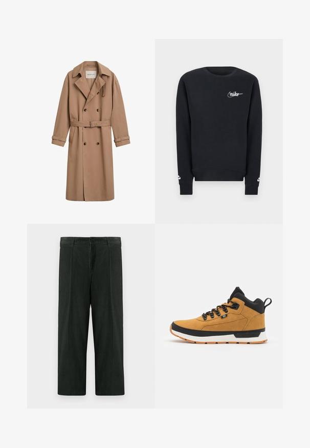 Lysebrune trenchcoat med dobbeltsyet design, bred krave og bælte i taljen. Fremstillet af et glat stof med knapdetaljer.; Sort langærmet crewneck-sweatshirt med hvidt Nike-logo på bryst og ærmekanter, enkelt design, ribstrikket kant og ærmekanter.; Mørkeblå brede bukser lavet af tekstureret bomuld. Har en knaplukning og forplads. Lige snit med en mellemhøj talje.; Brun syntetisk mid-top sneakers med sorte accenter, teksturerede paneler, runde snørebånd og en hvid sål med gummiydersål for godt greb.