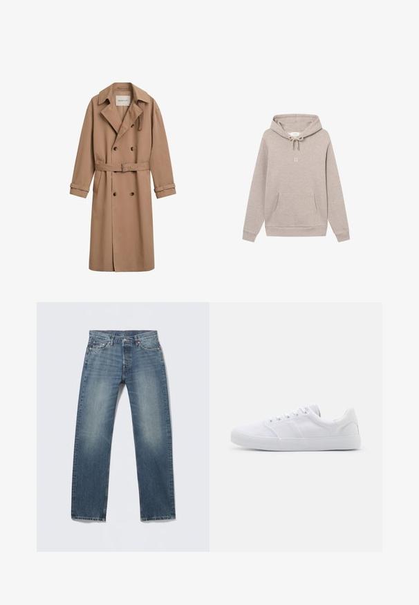 Lysebrune trenchcoat med dobbeltsyet design, bred krave og bælte i taljen. Fremstillet af et glat stof med knapdetaljer.; Beige hoodie lavet af blød bomuldsblanding. Har en frontlomme, snoretrækshætte og et minimalistisk "II" logo i midten.; Blå cowboybukser i denim med lige ben, mellem vask med falmede områder, fem lommer, kobbernitter og kontrasterende syningsdetaljer.; Hvide lærreds sneakers med gummisål, der har seks snørehuller, en struktureret tåkap og et minimalistisk design.