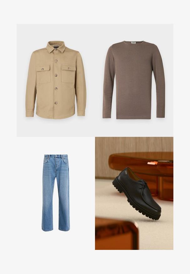 Veste beige en tissu doux avec fermeture boutonnée devant, deux poches poitrine et col. Texture lisse et coupe cintrée.; Chemise marron à manches longues en tissu doux, avec un col rond et une texture côtelée. Design simple et classique sans ornements.; Jeans en denim bleu clair avec une coupe droite, cinq poches, fermeture à bouton, peu d'usure et des détails de couture contrastés.; Chaussure à lacets en cuir noir texturé avec une semelle épaisse à rainures, marquée "HUGO" près du talon, présentée sur un tapis beige et un mobilier ambre.