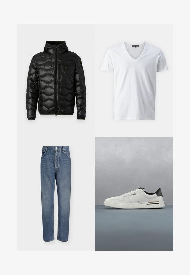 Chaqueta acolchada negra con una textura brillante, capucha, cierre de cremallera y patrón en forma de ola. Presenta un bolsillo en el pecho y acentos en amarillo contrastante.; Camiseta de algodón blanca con un diseño de cuello en V, mangas cortas y una textura suave. Estilo simple y sin adornos.; Vaqueros de mezclilla azul de corte recto con cintura alta, cierre frontal de botones y diseño de cinco bolsillos sobre un fondo claro y liso.; Zapatilla baja blanca con talón negro, cierre con cordones, perforaciones sutiles y el logo "BOSS" en el costado, mostrada desde el perfil exterior.