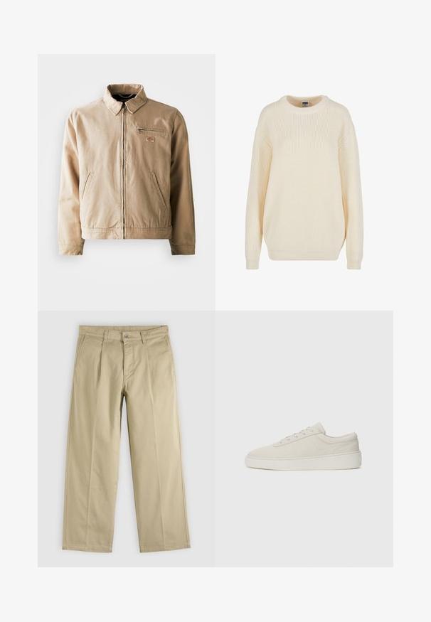 Beige Canvas-Jacke mit Reißverschluss, Stehkragen und zwei Seitentaschen. Mit einem kleinen Logopatch auf der Brust.; Cremfarbener gerippter Pulli mit rundem Ausschnitt, fallenden Schultern und lockerer Passform; zeichnet sich durch strukturiertes Strickmuster und gerippte Bündchen aus.; Beige gerade geschnittene Hose mit Vorderfalten, Gürtelschlaufen, Seitentaschen und Knopfverschluss am Bund.; Beige Sneaker mit glattem Wildlederfinish, runder Zehenpartie und flacher Gummisohle. Verfügt über eine Schnürung und ein minimalistisches Design mit subtiler Naht.
