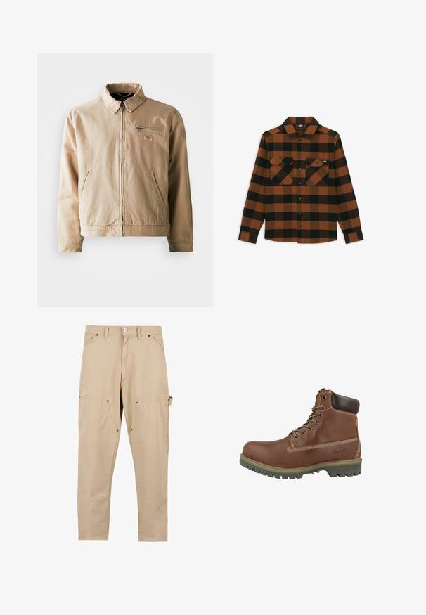 Beige Canvas-Jacke mit Reißverschluss, Stehkragen und zwei Seitentaschen. Mit einem kleinen Logopatch auf der Brust.; Langärmliges Hemd im orange-schwarz karierten Muster, aus einem strukturierten Stoff gefertigt. Verfügt über zwei Brusttaschen und eine geknöpfte Vorderseite.; Beige Cargo-Hosen aus Baumwolle. Verfügt über mehrere Taschen, einen geraden Schnitt und einen Knopfverschluss mit metallischen Hardware-Details.; Brauner Leder-Stiefelette mit abgerundetem Zehenbereich, gepolstertem Kragen, weißen Nähten und einer Gummisohle mit Profilmuster.