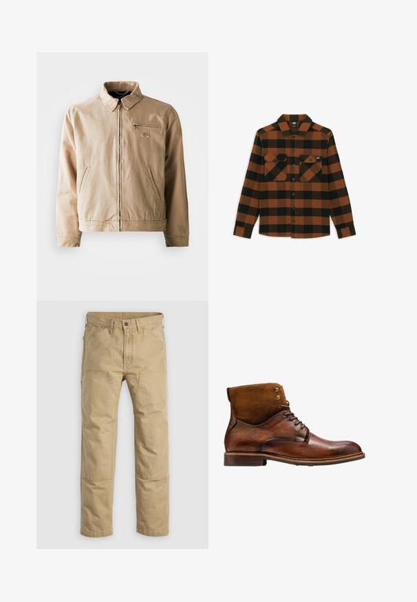 Chaqueta de lona beige con cremallera frontal, cuello alzado y dos bolsillos laterales. Incluye un pequeño parche con logo en el pecho.; Camisa de manga larga en un patrón de cuadros naranja y negro, hecha de una tela texturizada. Presenta dos bolsillos en el pecho y cierre frontal con botones.; Pantalones de trabajo caqui confeccionados en algodón resistente, con diseño de pierna recta, paneles reforzados en las rodillas y múltiples bolsillos delanteros.; Kazar ALID - Botines con cordones - brown