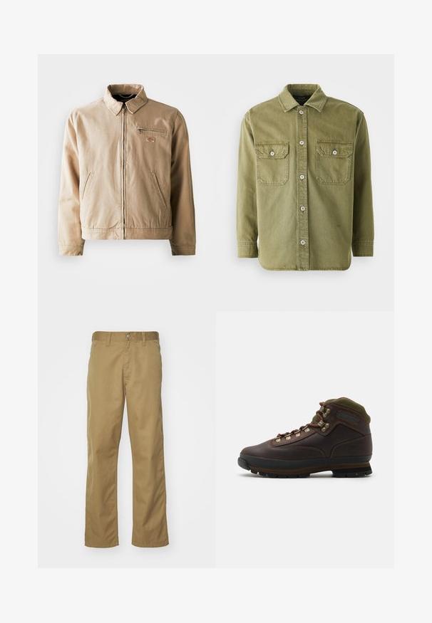 Beige lerretjakke med glidelås foran, stiv krage og to sidelommer. Inkluderer et lite logo-patch på brystet.; Olivenfarget skjorte med knapper laget av myk tekstil, med to brystlommer med klaffer, synlige knapper og krage.; Khaki chinos med rett ben-design, laget av glatte bomullsstoffer. Har en front knappelukking og sidelommer.; Brune lærstøvler til vandreture med grøn stofkrave. Udstyret med metal snørebåndshækkere, gummisål og tekstureret sål for greb.