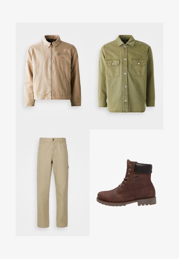 Chaqueta de lona beige con cremallera frontal, cuello alzado y dos bolsillos laterales. Incluye un pequeño parche con logo en el pecho.; Camisa verde oliva de botones confeccionada en una tela suave, que presenta dos bolsillos en el pecho con solapas, botones visibles y un cuello.; Pantalones de algodón beige con un diseño de pierna recta, que cuentan con un cierre frontal de botón, cinco bolsillos y un bolsillo lateral tipo cargo.; Panama Jack Botines con cordones - bark