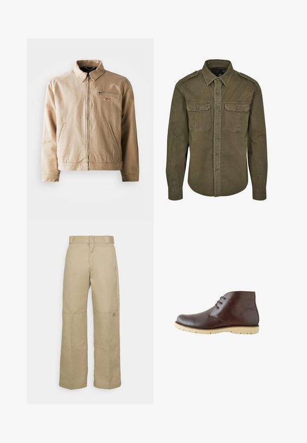 Beige Canvas-Jacke mit Reißverschluss, Stehkragen und zwei Seitentaschen. Mit einem kleinen Logopatch auf der Brust.; Olivgrünes Button-Down-Shirt aus Baumwolle. Verfügt über einen Kragen, zwei Brusttaschen mit Klappen und strukturierte Schultern mit sichtbaren Nähten.; Beige, weit geschnittene Hosen aus robustem Stoff, mit hoher Taille, sichtbaren Nähten und einem kleinen Logopatch an der Seite.; Braune Lederstiefeletten mit glatter Oberfläche, ausgestattet mit zweifach geflochtenen Ösen, runder Zehenpartie und leichten Gummisohlen mit Rillen für besseren Halt.