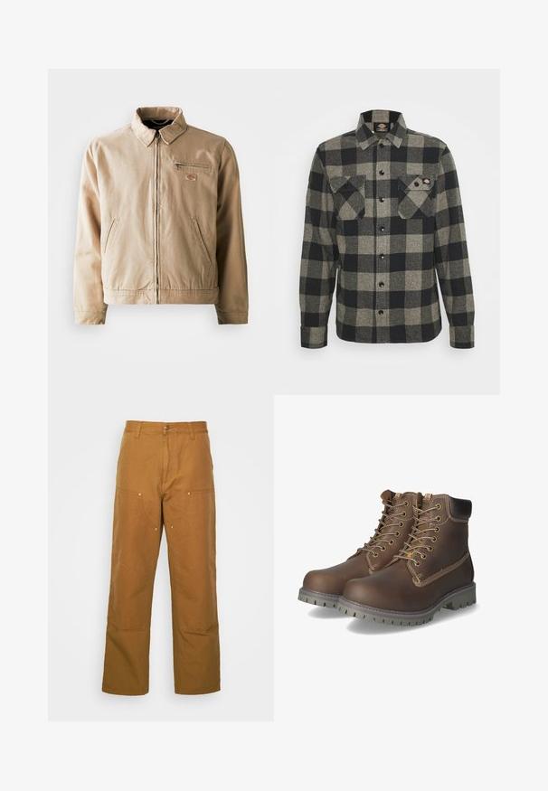Chaqueta de lona beige con cremallera frontal, cuello alzado y dos bolsillos laterales. Incluye un pequeño parche con logo en el pecho.; Camisa de franela a cuadros en negro y gris con mangas largas, cierre de botones en la parte delantera, dos bolsillos en el pecho y un dobladillo ligeramente curvado. Tejido texturizado.; Pantalones utilitarios de algodón marrón con un diseño de pierna recta, que cuentan con bolsillos frontales y acentos de metal para mayor durabilidad.; Botas de cuero marrón hasta el tobillo con cordones, cuello acolchado, costuras en contraste y suela de goma resistente con patrones de tracción.