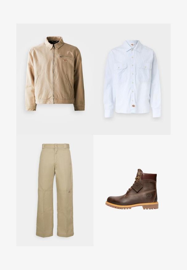 Chaqueta de lona beige con cremallera frontal, cuello alzado y dos bolsillos laterales. Incluye un pequeño parche con logo en el pecho.; Camisa blanca abotonada con finas rayas verticales azules, dos bolsillos en el pecho con botones en la parte delantera y un pequeño parche con logo en el dobladillo inferior.; Pantalones de pierna ancha color beige, confeccionados con una tela resistente, que presentan una cintura alta, costuras visibles y un pequeño parche con logo en el lateral.; Botín de cuero marrón hasta el tobillo con punta redonda, suela resistente, herrajes en tono dorado y parte superior texturizada. Incluye una etiqueta con el logo adjunta.