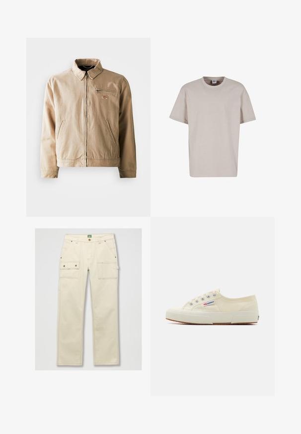 Beige canvasjakke med lynlås foran, ståkrave og to sidelommer. Inkluderer et lille logo-patch på brystet.; Urban Classics CUFF TEE - T-shirts basic - cloud; Beige cargo bukser lavet af bomuld med lige ben. Har flere lommer, synlige syninger og en metalknaplukning i taljen.; Beige lærredssneaker med et lavprofildesign, metaløjet og gummisål. Har et tekstureret mønster og logodetalje på siden.