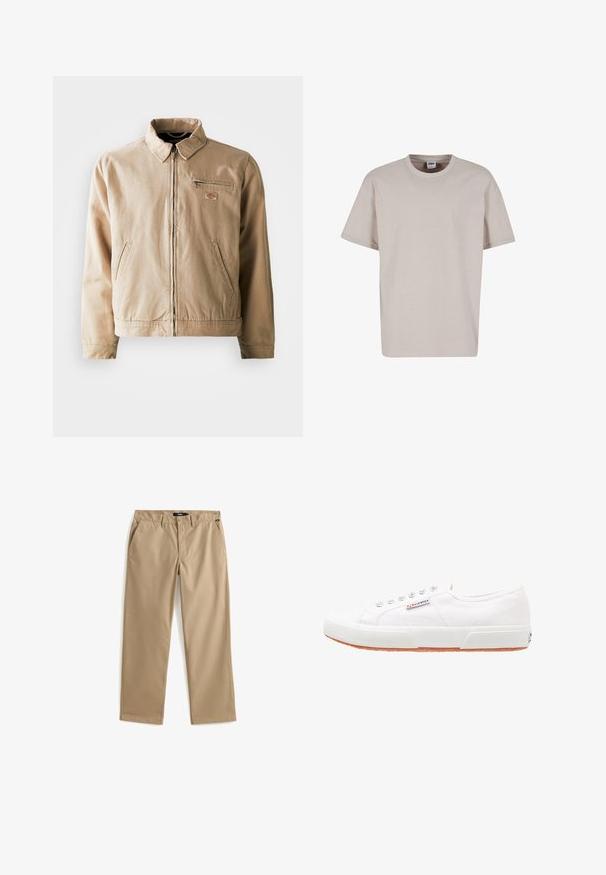 Beige canvasjakke med lynlås foran, ståkrave og to sidelommer. Inkluderer et lille logo-patch på brystet.; Urban Classics CUFF TEE - T-shirts basic - cloud; Beige chinos med lige ben lavet af let bomuldsstof. Har to forlommer og lukning med knap. Glat struktur, minimal dekoration.; Hvide kanvas sneakers med gummisål, snørebåndsdesign og et lille logo mærke på siden. Tekstureret hvid overdel og brun ydersål.