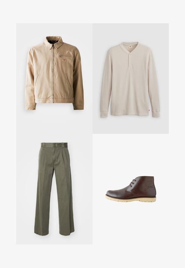 Chaqueta de lona beige con cremallera frontal, cuello alzado y dos bolsillos laterales. Incluye un pequeño parche con logo en el pecho.; Camisa tipo henley de manga larga en tejido acanalado color beige claro, con escote en V,tapeta de tres botones, y mangas con puños. Etiqueta de logo roja en el dobladillo.; Pantalones verde oliva con un diseño ancho y suelto de pierna ancha con pliegues delanteros. Confeccionados en un tejido texturizado, con una cinturilla estándar y sin elementos metálicos visibles.; Botas de tobillo de cuero marrón con un acabado suave, que cuentan con un cordón de dos ojetes, una puntera redondeada y suelas de goma ligeras con ranuras de tracción.