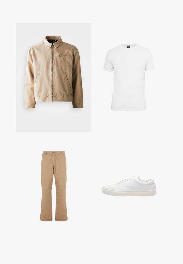 Beige Canvas-Jacke mit Reißverschluss, Stehkragen und zwei Seitentaschen. Mit einem kleinen Logopatch auf der Brust.; Weißes T-Shirt mit kurzen Ärmeln, aus Baumwolle, mit Rundhalsausschnitt und glatter Textur, entworfen für lässige Kleidung.; Beige Baumwollhosen mit geradem Schnitt, ausgestattet mit einem Knopfverschluss, Vordertaschen und einer glatten Textur.; Weiße Leder-Sneaker mit glatter Textur, runder Zehenpartie, Schnürverschluss und flacher Gummisohle. Minimalistisches Design ohne sichtbare Muster.
