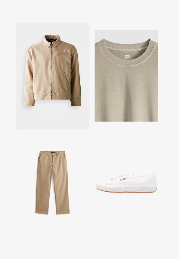 Beige canvas jack met een ritssluiting aan de voorkant, staande kraag en twee zijzakken. Inclusief een klein logo-opstrijken op de borst.; Beige Levi's T-shirt met ronde hals, zichtbare kraagstiksels en een bedrukt label aan de binnenkant van de hals.; Beige rechte broek met knoop- en ritssluiting, ceintuurlussen en zijzakken, plat liggend op een witte achtergrond.; Witte canvas sneakers met een rubberen zool, vetersluiting en een klein logolabel aan de zijkant. Gewreven wit bovenwerk en een bruine zool.