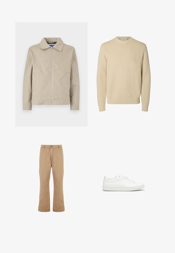 Veste beige légère avec col, fermeture zippée à l'avant et poches latérales. Fabriquée en tissu lisse, avec un design épuré et minimaliste.; Pull tricoté beige uni à col rond, manches longues avec poignets et bas côtelés.; Pantalon beige coupe droite avec passants pour ceinture, bouton à l’avant et fermeture éclair, présenté sur fond blanc.; Basket basse en cuir blanc avec lacets blancs et semelle plate en caoutchouc, vue de profil sur fond blanc.