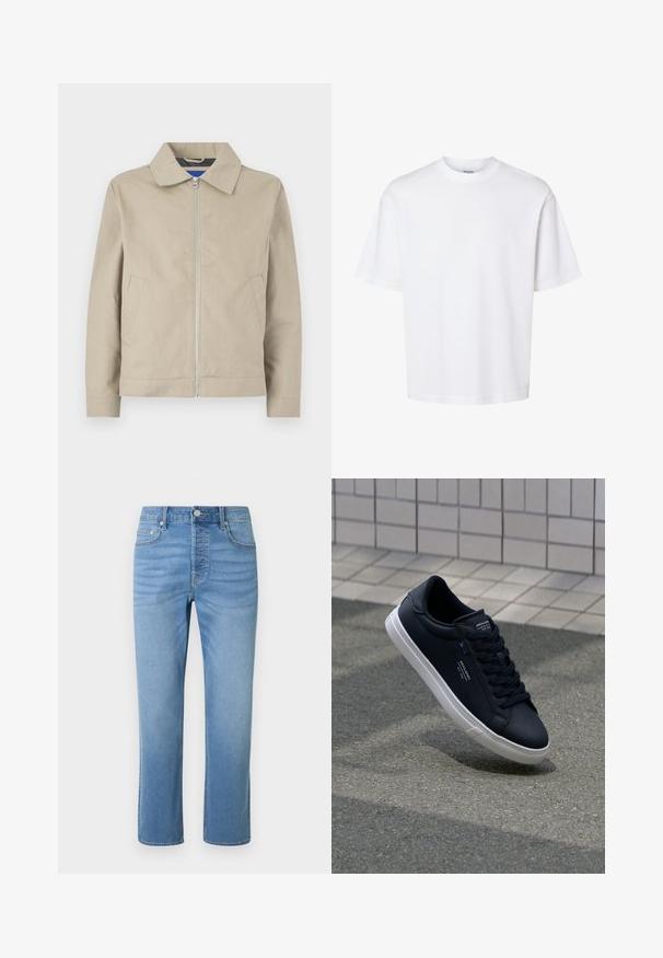 Veste beige légère avec col, fermeture zippée à l'avant et poches latérales. Fabriquée en tissu lisse, avec un design épuré et minimaliste.; T-shirt blanc uni à manches courtes et col rond avec une coupe décontractée, présenté sur un fond uni.; Jean en denim bleu clair à jambes droites avec poches frontales, passants pour ceinture, fermeture par bouton et légère décoloration autour des hanches et des cuisses.; Baskets en cuir noir avec une texture lisse, semelle en caoutchouc blanche et lacets ton sur ton. Présente des accents de marque sur la languette et sur le côté.