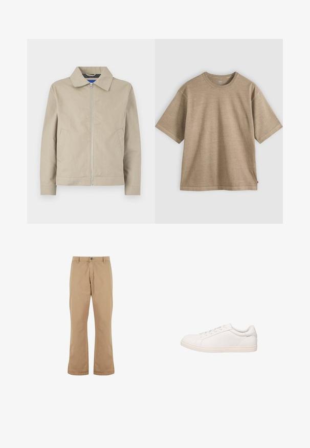 Veste beige légère avec col, fermeture zippée à l'avant et poches latérales. Fabriquée en tissu lisse, avec un design épuré et minimaliste.; T-shirt en coton beige à manches courtes avec col rond et coupe décontractée, présenté sur un fond gris clair uni.; Pantalon beige coupe droite avec passants pour ceinture, bouton à l’avant et fermeture éclair, présenté sur fond blanc.; Baskets basses blanches avec fermeture à lacets et semelle plate, montrées en profil latéral sur fond blanc.