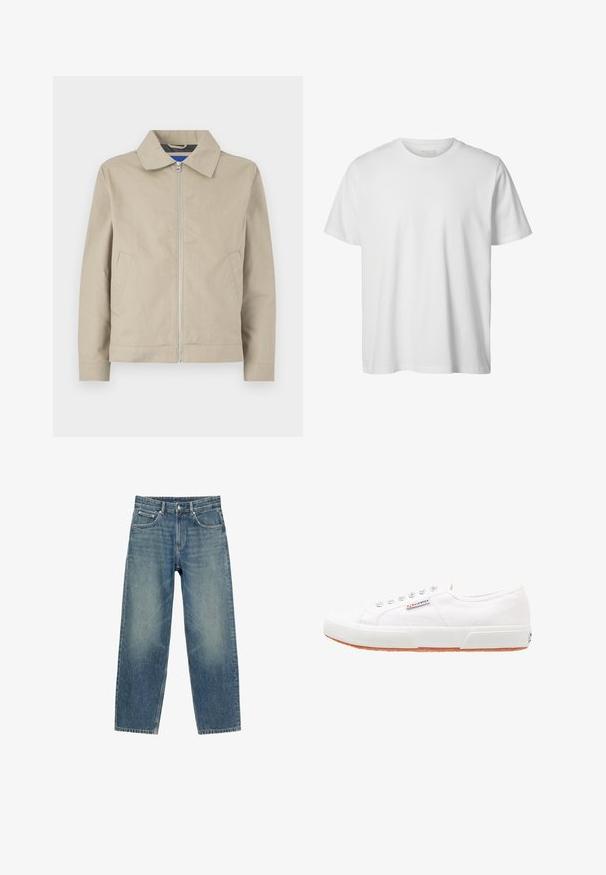 Veste beige légère avec col, fermeture zippée à l'avant et poches latérales. Fabriquée en tissu lisse, avec un design épuré et minimaliste.; T-shirt blanc uni à manches courtes, col rond, coupe décontractée, sans logos ni motifs visibles à l'avant.; Jean en denim bleu coupe droite avec poches avant, passants de ceinture et fermeture par bouton, présenté sur fond blanc.; Baskets en toile blanches avec une semelle en caoutchouc, design à lacets et une petite étiquette logo sur le côté. Tige blanche texturée et semelle extérieure marron.