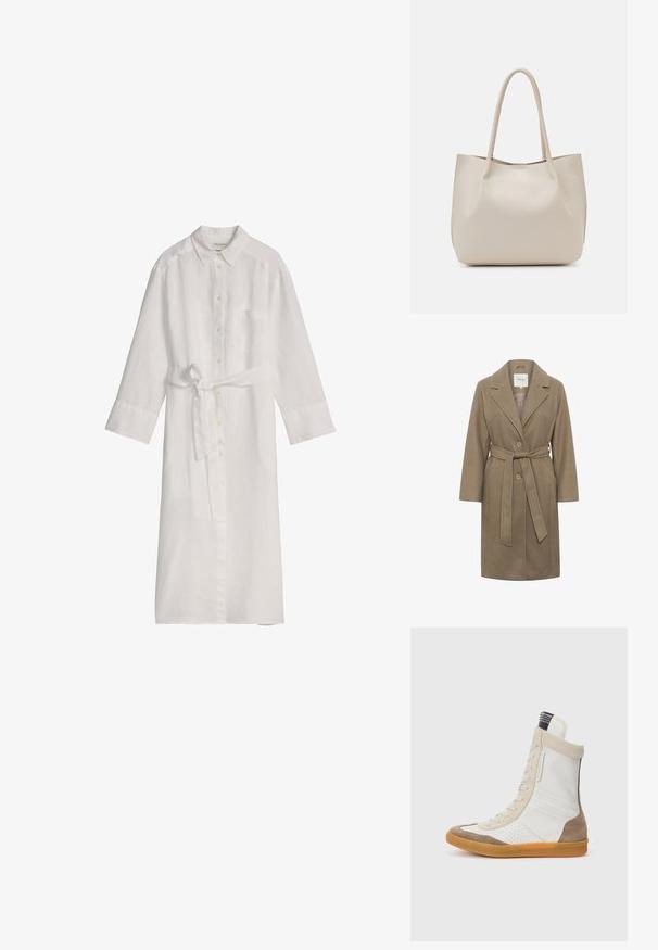 Manteau khaki ceinturé avec un col cranté, deux boutons ronds et des poches latérales. Présente une texture lisse et un design ajusté.; Longue robe chemise blanche avec col, manches longues, poche poitrine et ceinture en tissu nouée à la taille sur fond blanc.; Baskets montantes en cuir blanc lisse et suède beige, avec des détails perforés, des lacets beige et une semelle en caoutchouc gomme.; Sac fourre-tout en cuir beige avec deux poignées, texture lisse et design ouvert. Présente un style minimaliste sans quincaillerie visible.