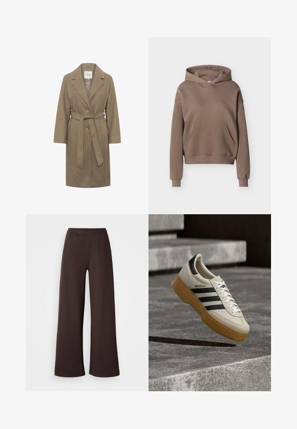 Manteau khaki ceinturé avec un col cranté, deux boutons ronds et des poches latérales. Présente une texture lisse et un design ajusté.; Sweat à capuche marron avec poche kangourou à l'avant et poignets et ourlet côtelés, présenté sur un fond uni.; Pantalons larges en marron foncé, fabriqués en tissu doux avec une taille élastique et un ourlet propre, idéaux pour le confort et le style décontracté.; Baskets en daim beige avec des rayures noires, des lacets blancs et une semelle en caoutchouc gomme. Présente un logo "SPEZIAL" sur le côté.