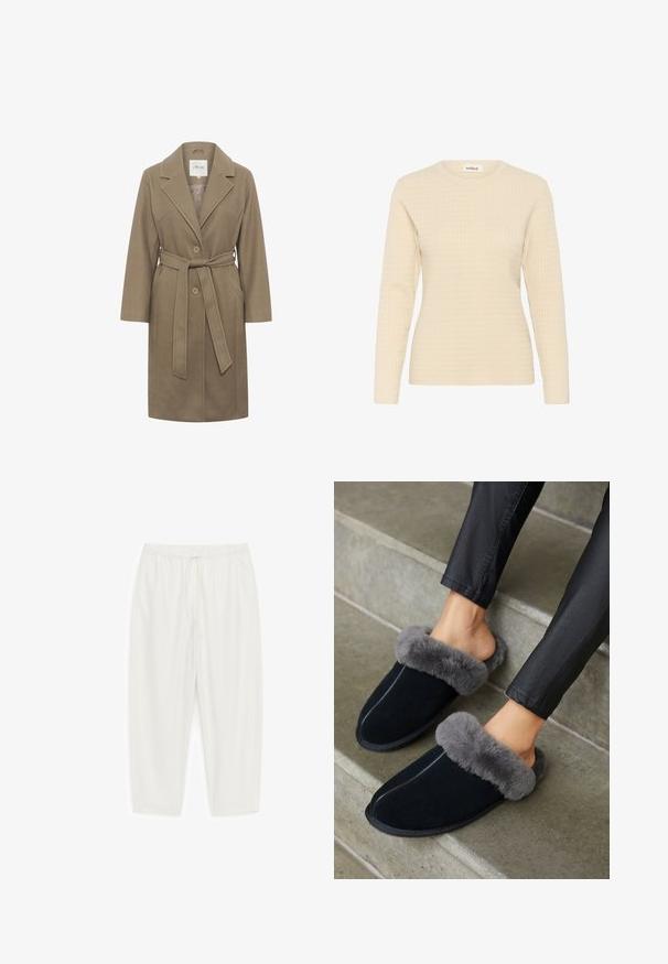 Manteau khaki ceinturé avec un col cranté, deux boutons ronds et des poches latérales. Présente une texture lisse et un design ajusté.; Soaked in Luxury SLSPINA CABLE - Pullover - sandshell; Pantalon blanc à coupe ample avec ceinture élastique et cordon de serrage, devant plat et poches latérales, présenté sur fond blanc.; Des chaussons en suède noir avec un col en fausse fourrure grise, à bout rond et couture contrastante. Texture douce et design à enfiler pour un port facile.