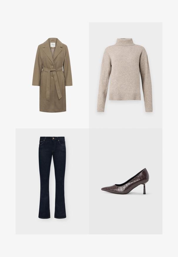 Manteau khaki ceinturé avec un col cranté, deux boutons ronds et des poches latérales. Présente une texture lisse et un design ajusté.; Pull à col roulé beige en tissu tricoté doux, avec un col et des poignets côtelés, une coupe décontractée et une texture lisse.; Jean en denim bleu foncé avec une taille mi-haute, un bouton sur le devant et un léger évasement en bas sur un fond uni.; Escarpins à bout pointu en similicuir marron avec une texture crocodile, dotés d’un talon fin et angulaire ainsi que d’une doublure intérieure lisse.