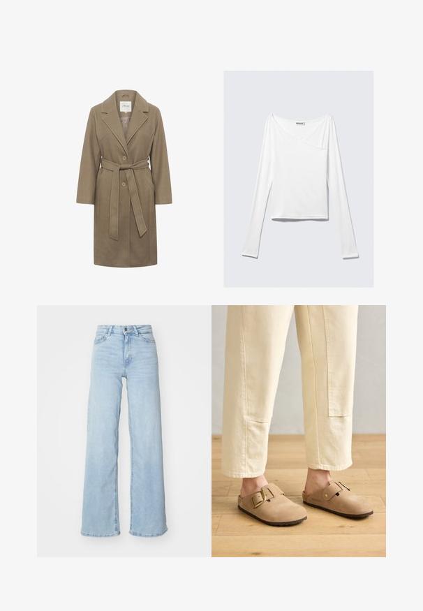 Manteau khaki ceinturé avec un col cranté, deux boutons ronds et des poches latérales. Présente une texture lisse et un design ajusté.; Haut blanc à manches longues avec un design croisé et une poche. Fabriqué dans un tissu lisse et extensible. Coupé dans une coupe décontractée et ample.; Jeans en denim bleu clair à jambes larges. Dispose d'une taille haute, d'une fermeture à bouton à l'avant et de deux poches. Texture lisse avec un léger dégradé.; Sabots en cuir suédé beige avec une large sangle et une boucle en or, surface texturée et semelle en caoutchouc marron ; portés avec un pantalon ivoire ample et fuselé.