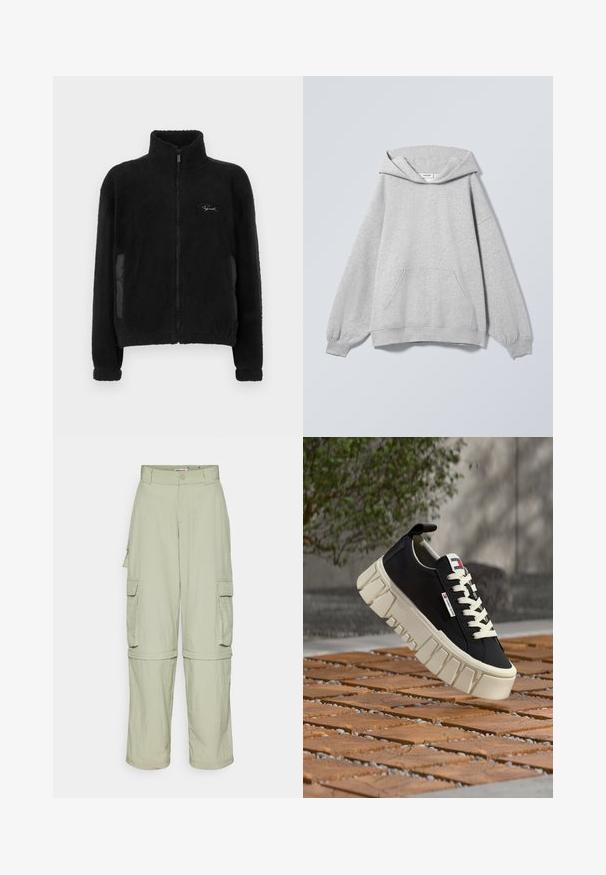 Zwarte fleece jas met een hoge kraag, een volledige ritssluiting en zijzakken met gladde stoffen accenten. Zachte textuur overal.; Lichtgrijze hooded sweater met lange mouwen, voorzak, geribde boorden en een "Weekday" label binnenin de kraag.; Lichtbeige cargobroek met riemlussen, zijflapzakken en ritsbenen die kunnen worden omgevormd tot shorts.; Zwarte sneaker met chunky witte zool en veters, Tommy Jeans label aan de zijkant, zwevend boven een houten tegelvloer buiten.
