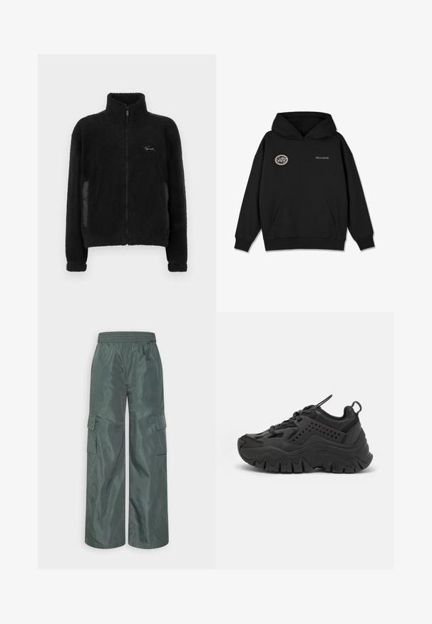 Zwarte fleece jas met een hoge kraag, een volledige ritssluiting en zijzakken met gladde stoffen accenten. Zachte textuur overal.; Zwarte pullover hoodie met een grote voorzak, ribgebreide manchetten en zoom, voorzien van een ronde logo op de borst en "PEGADOR" bedrukt aan de voorkant.; Even&Odd Cargobroek - dark green; Zwarte sportschoenen met een robuuste zool, een gladde synthetische bovenkant, geperforeerde accenten en een ronde neus. Voorzien van vetersluiting en een trekband.