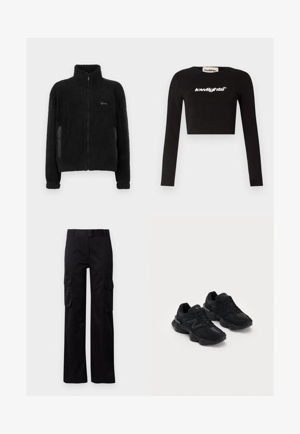 Zwarte fleece jas met een hoge kraag, een volledige ritssluiting en zijzakken met gladde stoffen accenten. Zachte textuur overal.; Zwarte cropped langemouwen t-shirt van katoen. Heeft een ronde hals en een witte "lowlights" logo op de borst.; Zwarte cargobroek van duurzaam materiaal, met twee zijzakken en een recht model. Soepele textuur met een klassieke pasvorm.; Zwarte sportschoenen met een gestructureerde bovenkant, voorzien van een opvallend "N"-logo, een gevoerde zool en een strakke, moderne uitstraling.