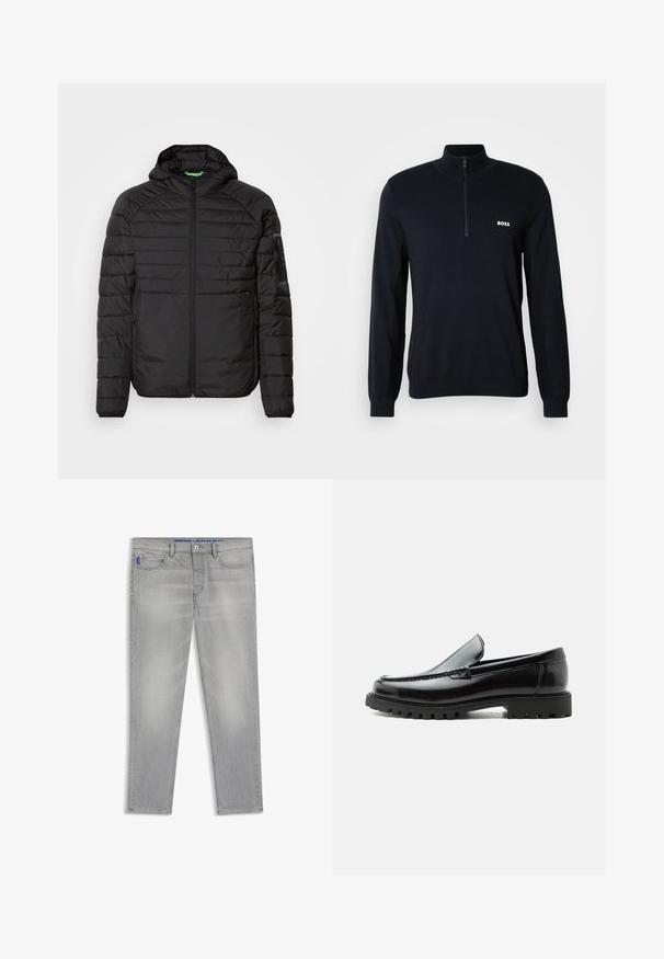 Sort quiltet hættejakke med frontlynlås, lynlåslommer på siden og en lynlåslomme på venstre ærme mod en hvid baggrund.; Marineblå sweater med høj krave og halv lynlås. Materialet er blødt med en struktureret overflade. Har et lille hvidt "BOSS" logo på brystet.; Lysegrå jeans med lige ben, forlommer, bæltestropper og knaplukning, vist fladt på en hvid baggrund.; Sort læderloafer med chunky gummisål, syet overdel og præget mærkenavn på hælen, vist i sideprofil på hvid baggrund.