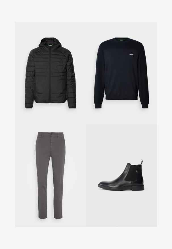 Sort quiltet hættejakke med frontlynlås, lynlåslommer på siden og en lynlåslomme på venstre ærme mod en hvid baggrund.; Marineblå langærmet sweatshirt med rund hals og ribbede manchetter og kant, med et lille hvidt "BOSS" logo på venstre bryst.; Grå chinos med en slim fit, lavet af åndbart bomuld. Har en knaplukning og sidelommer, med en glat, mat finish.; Sorte læder Chelsea støvler med elastiske sidepaneler, en pull-tab og en flad gummisål. Glat tekstur med minimal detaljer.