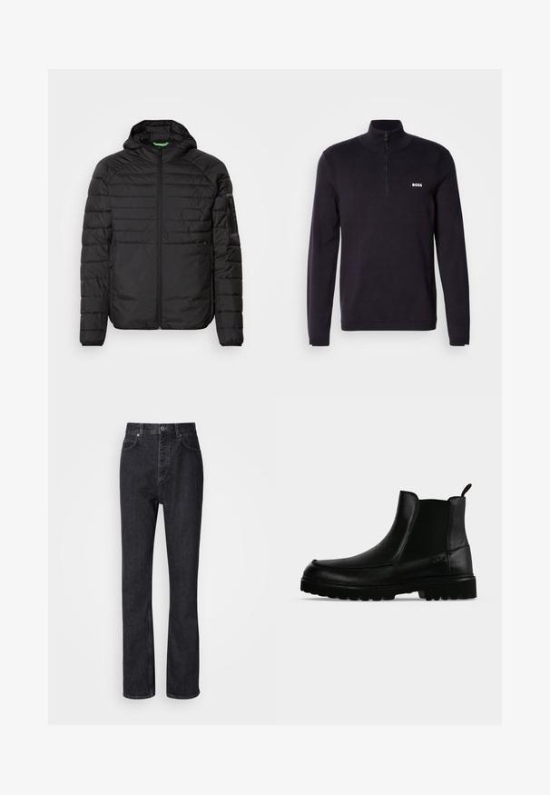 Veste à capuche matelassée noire avec fermeture éclair à l'avant, poches latérales zippées et une poche zippée sur la manche gauche sur fond blanc.; Pull-over à col zippé bleu marine fabriqué en tissu doux, doté d'un col et de poignets côtelés, avec un petit logo blanc "BOSS" sur la poitrine.; Jean en denim noir taille haute avec fermeture à bouton et à glissière, poches avant et arrière, et coupe droite.; Bottine noire en cuir avec semelle texturée, panneaux latéraux élastiques et languette de tirage sur fond gris clair.