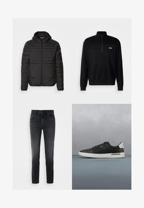 Schwarze gesteppte Kapuzenjacke mit Frontreißverschluss, seitlichen Reißverschlusstaschen und einer Reißverschlusstasche auf dem linken Ärmel vor einem weißen Hintergrund.; Schwarzer Pullover mit Halbzip-Kragen, der eine gerippten Struktur an den Schultern und ein kleines weißes "BOSS"-Logo auf der Brust aufweist.; Schwarze Jeans aus Denim mit schlanker Passform, mittelhohem Bund, klassischem Fünf-Taschen-Design und dezenten Verblassungen an den Beinen.; Schwarze Ledersneaker mit weißer Sohle, ausgestattet mit Perforationen, Schnürdesign, Logo an der Seite und kontrastierenden Fersendetails in Weiß und Braun.
