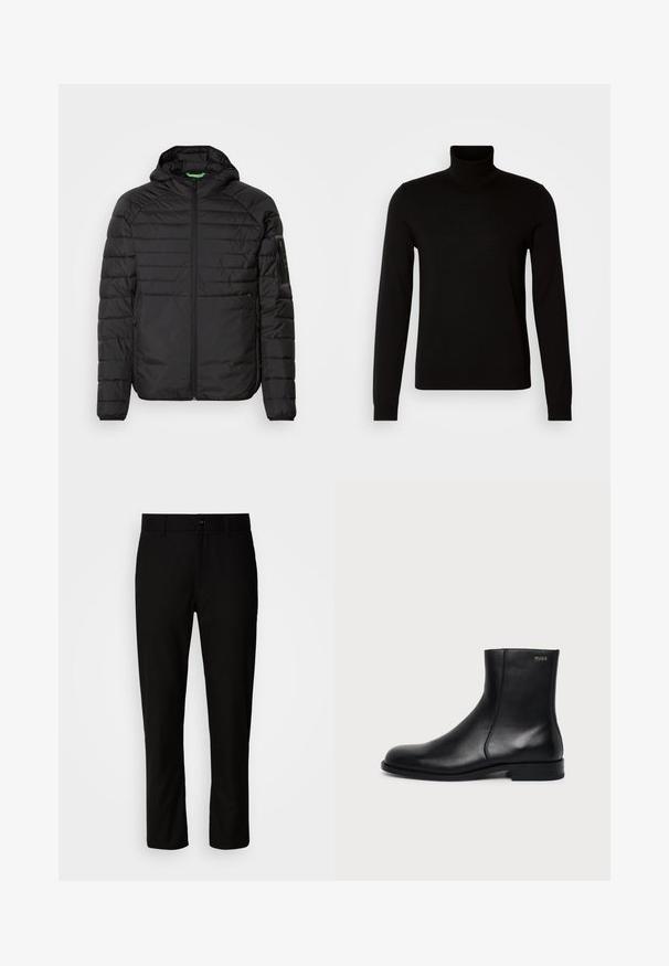 Schwarze gesteppte Kapuzenjacke mit Frontreißverschluss, seitlichen Reißverschlusstaschen und einer Reißverschlusstasche auf dem linken Ärmel vor einem weißen Hintergrund.; Schwarzer Rollkragenpullover aus feiner Strickware, mit langen Ärmeln und taillierter Silhouette. Glatte Textur mit gerippten Bündchen.; Schwarze Hose mit geradem Schnitt, flachem Vorderteil, Gürtelschlaufen und einem einzelnen Knopfverschluss an der Taille. Glatte Stofftextur.; Schwarzer Leder-Knöchelstiefel mit niedrigem Absatz, seitlicher Naht und kleinem "HUGO" Logo am oberen Schaft vor einfarbigem Hintergrund.