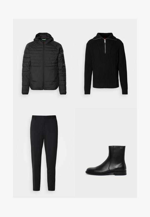 Schwarze gesteppte Kapuzenjacke mit Frontreißverschluss, seitlichen Reißverschlusstaschen und einer Reißverschlusstasche auf dem linken Ärmel vor einem weißen Hintergrund.; Schwarzer gerippter Pullover mit hohem Kragen und kurzem Reißverschluss. Verfügt über einen strukturierten Stoff und enganliegende Bündchen, die eine konturierte Silhouette bieten.; Schwarze Hose aus strukturiertem Stoff, mit geradem Schnitt, normalem Bund mit einem Knopf und seitlichen Taschen.; Schwarzer Leder-Knöchelstiefel mit niedrigem Absatz, seitlicher Naht und kleinem "HUGO" Logo am oberen Schaft vor einfarbigem Hintergrund.