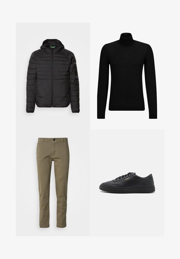 Sort quiltet hættejakke med frontlynlås, lynlåslommer på siden og en lynlåslomme på venstre ærme mod en hvid baggrund.; Sort turtleneck sweater lavet af blødt materiale, med lange ærmer og en tætsiddende pasform. Ribbet trim ved kanten og manchetter. Simpelt design.; Olivengrønne bomuldsbukser med lige pasform, der har en frontlukning med knap og to sidelommer. Glat tekstur og minimal detaljering.; Sorte lædersneakers med en glat overflade, rund tå, flad gummisål og tonede snørebånd. Udstyret med guld "BOSS" branding på siden.